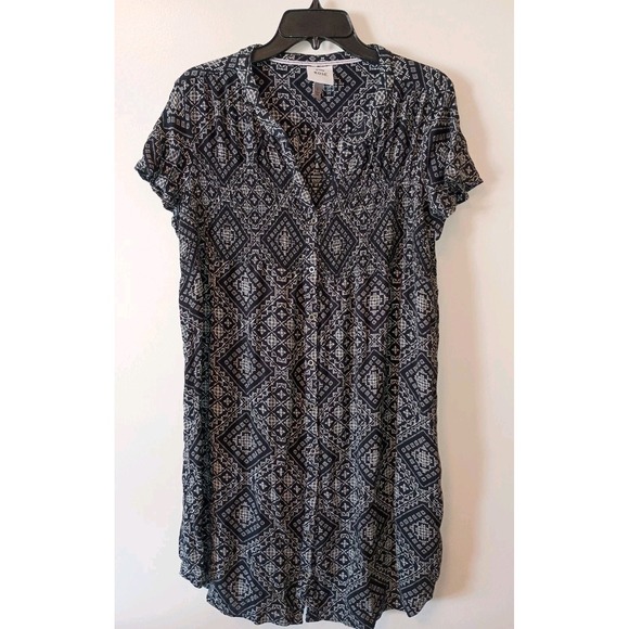Knox Rose Button Front Black White Geometric Button Front Knee Length Dress Sz L - Picture 1 of 9